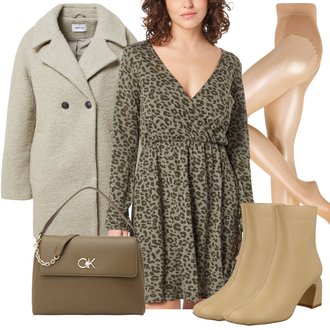 Braut Outfit mit Beige/Braun/Khaki Lederjacke/Klassischer Stiefel/High Heels Stiefelette/Leder Stiefelette/Gefütterte Stiefelette/Spitzer Stiefel/Sommerstiefelette/Vintage Stiefelette warehouse "Business Casual Damen Outfits"