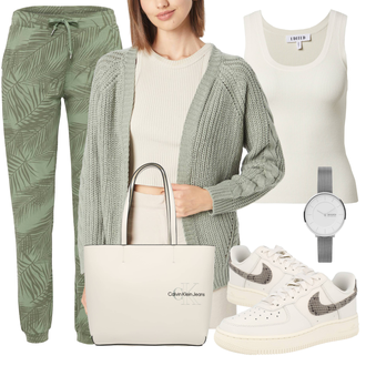 Outfit mit Grün/Dunkelgrün Stoffhose/Strandhose/Camouflage Hose/Freizeithose/Hose mit Feder/Jogger Hose/Druckhose/Jogginghose Iriedaily "Schönes Frühlingsoutfit"