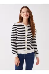 Crew Neck Striped Long Sleeve Women's Knitwear Cardigan