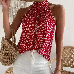 Print Choker Neck Blouse, Casual Sleeveless Blouse For , Women's Clothing