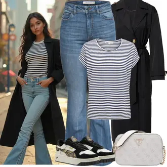 Outfit sa Svjetloplava/Plava Muška majica/Zimska jakna/Traperica Niskog Struka/Trapez Traperice/High Waist Traperice/Traperice s Prorezom/Vintage traperice/Muška Kožna Jakna/Traperica Niskog Struka JdY "Jarní outfit"