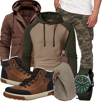 Motorrad Outfit mit Braun/Khaki/Grau/Dunkelbraun Outdoorjacke/Jacke mit Seitlichem Reißverschluss/Winterjacke/Herbstjacke/Kapuzenjacke CARWORNIC "Cooles Winter Outfit"Look: Arbeits, Freizeit, Wandern, Airsoft, Jagd, Motorrad