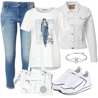 Anzug Outfits mit Blau Slim Fit Jeans Mavi, Lila/Weiß/Blau Kurzarm T-Shirt/Schlaf T-Shirt/Ausgefallenes T-shirt/Umstands T-Shirt/T-Shirt Mit Print Street One "Casual Business Outfit"