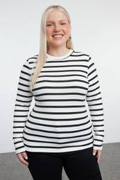 Curve Black-White Striped Soft Stretchy Knit Plus Size Blouse