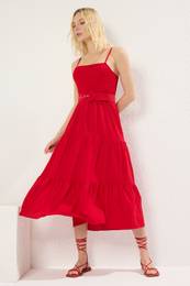 Red Plain Skirt Waist Opening Gipel Midi Woven Dress