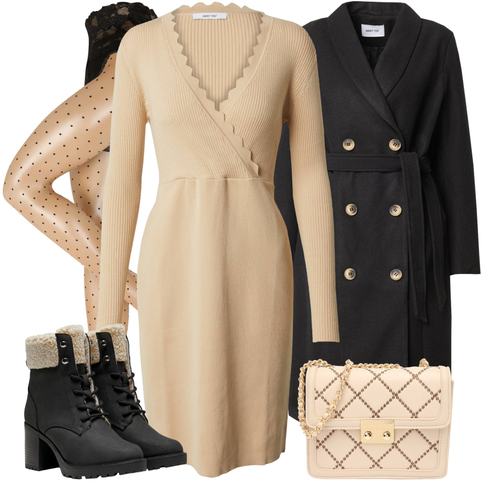 Beige/Khaki/Braun Kleid Große Größe/Strick Große/Kaschmir-Strickjacke/Lange Strickjacken/Wickelstrickjacke/Strickkleid/Langärmliges Winterkleid/Pulloverkleid/Winter Strickkleid About You kombinieren mit Schwarz Winterschuh/Winter Stiefel/Winter Stiefelette/Gefütterte Stiefelette/Schnürstiefel Only