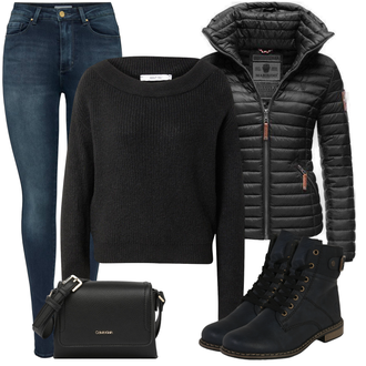 Outfit sa Crna/Plava/TamnoPlava Čizmica Gležnjača na Vezanje/Motociklistička čizma/Klasična čizmica/Podstavljena Gležnjača/Ravna Gležnjača/Borbena Čizma Rieker "Zimski outfit za slobodno vrijeme"