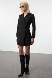 Black Double Breasted Tie Detailed Mini Woven Jacket Dress