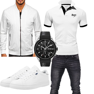 Outfit mit Grau/Weiß/Creme Reflektierende Jacke/Windbreaker Jacke/Nylonjacke/Laufjacke/Segeljacke/Frühlingsjacke/Sportjacke/Leichte Jacke/Jacke mit Seitlichem Reißverschluss/Sommerjacke BOLF "Cooles Outfit"