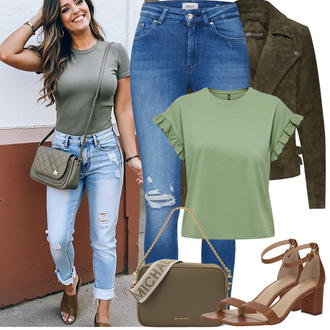 Nabori Outfit sa Svjetlozelena/Tamnozelena/Zeleno Otmjena majica/Party Top/Obični top/Top za plažu/Kratki top/Bluza top/Majica kratkih rukava/Košulja top Only "Proljetni Outfit"