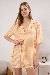 Orange Striped Viscose Top Wide Cut Shorts Woven Pajama Set
