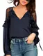 Blooming Jelly Damen Spitze Chiffon Tops Krawatte V Ausschnitt Langarm T Shirt Top Kordelzug Lose Rüschen Bluse Gr. Small, marineblau