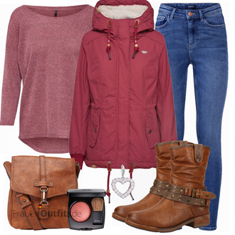 Outfit mit Dunkelrot/Rosa/Lila/Bordeaux 3/4 Bluse/Klassische Tunika/Elegante Tunika/ausgefallene tunika/Festliche Tunika/Lederjacke/Tuniken-Shirt/Bluse Große Größe/Tunika Only "MUSTANG Stiefel"