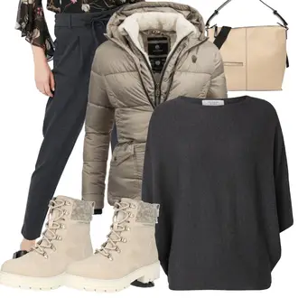 Outfit mit Schwarz/Grau/Dunkelgrau Strick Große/Klassische Tunika/Bluse Lederjacke/Oversize Bluse/Tuniken-Shirt/Shirt & Top Große Größe/Tunika/Pullover Mit Fledermausärmel/Kaschmir Pullover JdY "Outfit für den Herbst"