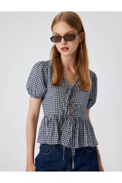 Balloon Sleeve Blouse Flounce Laced Slim Fit Gingham Pattern