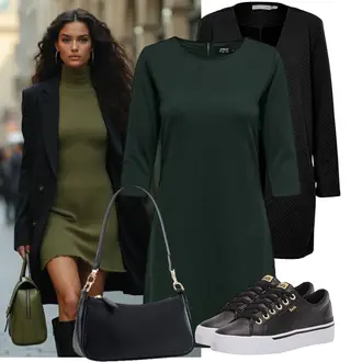 Elegant Outfit mit Dunkelgrün Kleid mit geradem Schnitt/JerseyKleid/Tunika Kleid/Langarm EtuiKleid/EtuiKleid/3/4 Arm Kleid Only "Leichtes Outfit"Look: Casual, Skater, Rad, Overdressed, Elegant, Oversize, Old Money, Büro, Coole