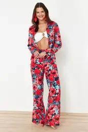 Floral Patterned Woven Shirt Trousers Beach Set