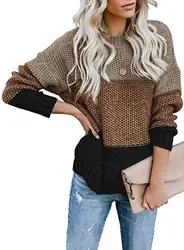 FIYOTE Damen Pullover Winter Strickpullover Casual Streifenpullover Warm Rollkragenpullover Elegant Pullover Oberteile 1-Brown L