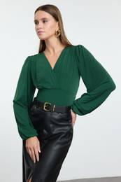 Emerald Green Double Breasted Gather/Drape Detail Long Sleeve Flexible Knitted Blouse