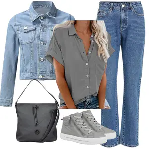 Outfit mit Türkis Kurze Jeansjacke/Jeansjacke/Blusenjacke/Sommerjacke/Shirtjacke/Frühlingsjacke TRFPLOOC "Leichtes Outfit"