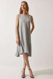 Happiness stanbul Women's Stone Gray Crew Neck Knitted Flounce A-Line Dress