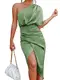 CUPSHE Damen One Shoulder Kleid in Satinoptik Raffungen Beinschlitz Asymmetrischer High Low Partykleid Cocktailkleid Midi Party Dress Salbeigrün M
