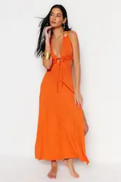 Orange Maxi pletena obleka za plao brez hrbta