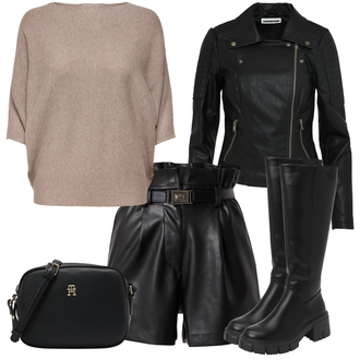 Outfit mit Schwarz/Dunkelgrün Mantel/Bikerjacke/KunstLederjacke/Lederjacke/Motorradjacke Noisy may "Perfekt Für Den Herbst"