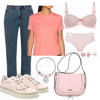 Retro Outfit mit Blau/Hellblau Schlupfjeans/Girlfriend Jeans/Leder Schuhe/Mom Jean/Dad Jeans/Slim Fit Jeans/Vintage Jeans/Winterjacke/High Waist Jeans/Regular-Fit Jeans/Sportschuhe/Straight Leg Jean/Jeans mit Schlitz Million X "Nike Damen"Look: Classic, Schlichte, Vintage, Premium, 50er Jahre, Retro, Elegant