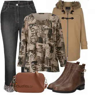 80er Outfit mit Braun/Dunkelbraun/Beige Klassischer Stiefel/Cowboystiefel/Gefütterte Stiefelette/Vintage Stiefel/Rahmengenähter Schuh/Leder Stiefelette/Lederjacke/Vintage Stiefelette/Reitstiefel/Chelsea Boot About You "Winter Outfit in große Größen"Look: Uni, Western, Country Styl, Cowgirl, Schön, Duckfeet, 80er