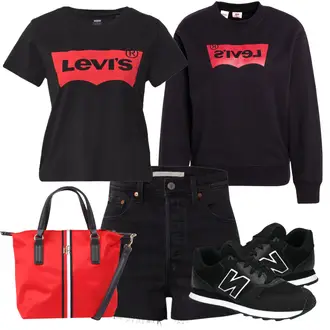 Festival Outfit Coachella mit Schwarz Jeans Short/High Waist Shorts/Kurze Hose levi's ® "Schöner Sommer Look"Look: Wasen, Coachella, Malle, Strandtag, Konzert, Festival, Schule