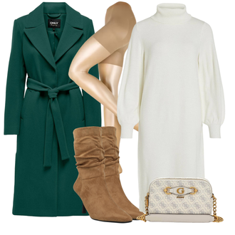 Outfit mit Weiß/Creme Übergroßes Kleid/Winter Strickkleid/Langes Strickkleid/Rollkragenkleid/Pulloverkleid/Langärmliges Winterkleid Vila "Herbst Outfit"