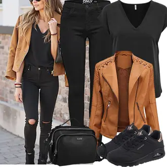Kurz Outfit mit Braun/Orange/Beige Motorradjacke/Herbstjacke/Vintage Lederjacke/Jacke mit Seitlichem Reißverschluss/Ajourstrickjacke/Bikerjacke/KunstLederjacke DISSA "Modisches Freizeit Outfit"