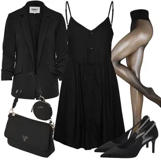 Outfit mit Schwarz/Grau Sommerkleid/Lässiges Kleid/Kleid mit Tasche/Trägerkleid/Jerseykleid/Latzkleid/SkaterKleid/Spaghettiträger Kleid/Strapskleid Pieces "Elegantes Herbst Outfit"