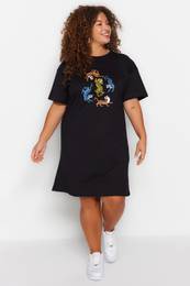 Curve Black Crew Neck Leopard Printed 100% Cotton Knitted Plus Size T-shirt Dress