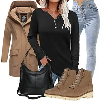Wasserdicht Outfit mit Braun/Beige/Khaki/Grau Reitjacke/Frühlingsjacke/Doppeljacke/Kapuzenjacke/Winter Parka/Langjacke/Wachsjacke/Herbstjacke/Parka-übergangsjacke MARIKOO "Bequemes Winter Outfit"