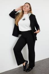 Curve Black Rib Detailed Elastic Waist Knitted Wide Leg Plus Size Trousers