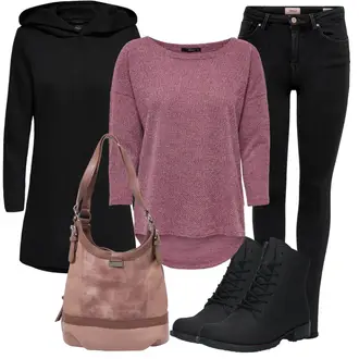 Outfit mit Dunkelrot/Rosa/Lila/Bordeaux 3/4 Bluse/Klassische Tunika/Elegante Tunika/ausgefallene tunika/Festliche Tunika/Lederjacke/Tuniken-Shirt/Bluse Große Größe/Tunika Only "Herbstliches Freizeit Outfit"