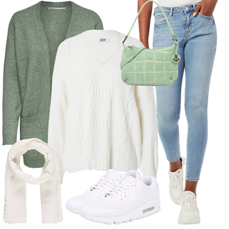 Outfity na zimu Pohodlný s Bílá/Krémová/Černá Vlněný Svetr/Zimní Svetr/Jednoduchý Svetr/Oversize Svetr/Svetr Niki/Pletený Svetr/Kašmírový Svetr/Hrubě pletený svetr/Svetr Carmen/Basic Svetr JdY "Perfektní na zimu"Look: Pohodlný, Egirl, Nadrozměrné