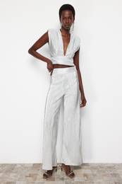Silver Wide Leg Pleated Woven Trousers
