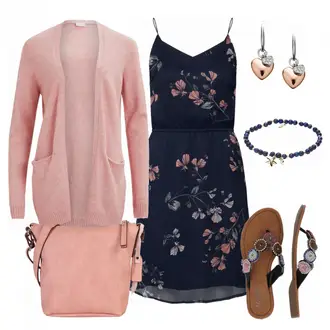 Outfit mit Dunkelblau/Rosa/Lila Geblümte Kleid/Bedrucktes Kleid/TrägerKleid/A-Linien Kleid/Kleid Standesamt-gast/WickelKleid/Spaghettiträger Kleid VERO MODA "Blue"