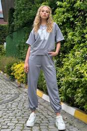 Trend Alaat Stili Women's Painted Gray Printed T-Shirt And High Waist Jogging Suit