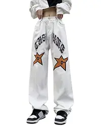 Minetom Damen Jeans Sterndruck Weites Bein Gerade Denim Jeans Y2K Baggy Hose Vintage Streetwear Cargohose Mit Taschen I Weiß S