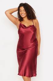 Curve Burgundy Strappy Satin Woven Back Detailed Nightshirt