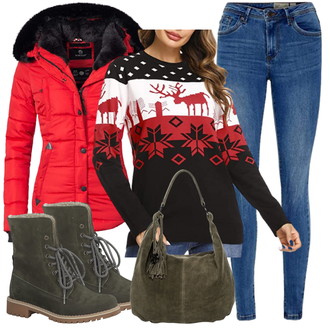 Gefütterte Outfit mit Dunkelgrün Lammfell WinterStiefel/SchnürStiefelette/Wasserdichter Stiefel/SpringerStiefel/Winterschuh/Gefütterte Stiefelette/Klassischer Stiefel/Winter Stiefelette Tamaris "Cooles Winter Outfit"