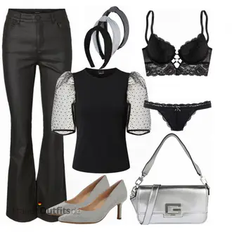 70er Outfit mit Schwarz/Braun/Grün Jeans mit Schlitz/Schlaghose Jeans/Leder Schlaghose VERO MODA "Feierliches Outfit"Look: Uni, Coole, Jazz, Old Money, Outdoor, Techno, 70er
