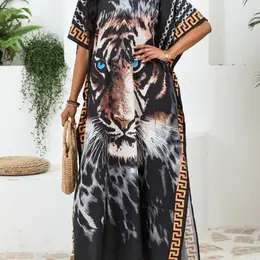 Women's Up, Plus Size Tiger Print V Neck Pullover Loose Fit Beach Kaftan Dress For Fall & Winter