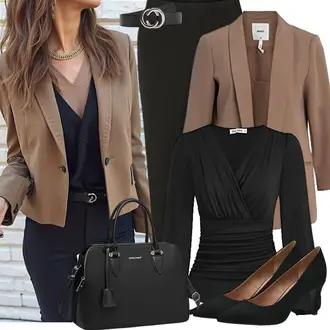 Elegant Outfit mit Schwarz Blusenbody/Elegante Bluse/Plissee Bluse/Bluse mit Puffärmel/WickelBluse GRACE KARIN "Business Look"Look: Casual, Coole, Elegant, Schick, Uni, Goa, Chill, Büro, Zuhause, Stil, Edel, Old Money, Nahtlos, Romantisch
