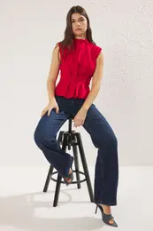 Red Woven Crew Neck Sleeveless Blouse