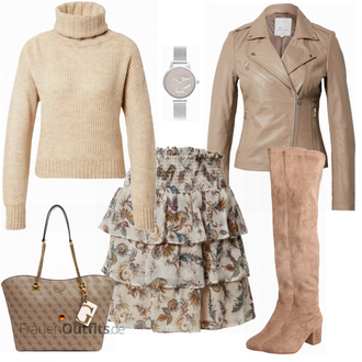 Outfit mit Braun/Beige Overknee Stiefel/Flache Overknee Stiefel/Kniehoher Stiefel/Leder Overknee Stiefel/Langer Stiefel About You "Verspielter Alltagslook"